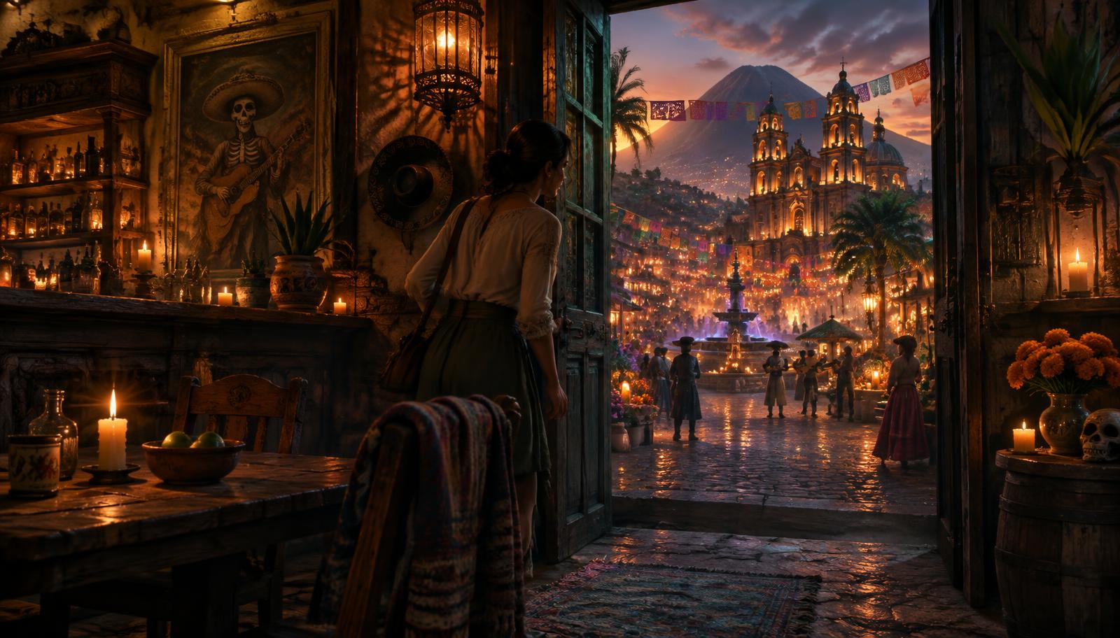 A dim cantina bar whose open doorway reveals a glowing Mexican town at dusk